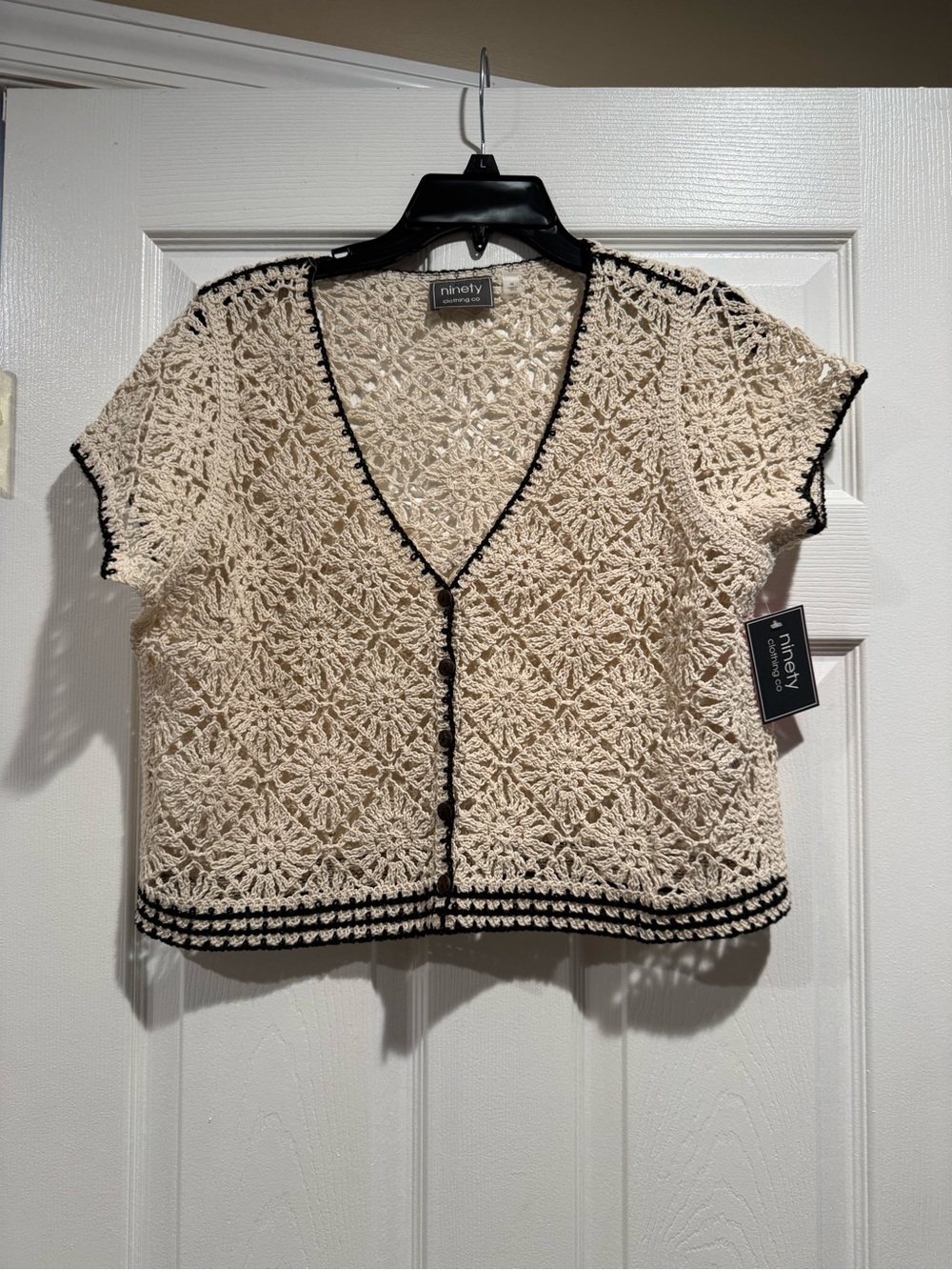 Ninety Crochet Openwork Top - Cream with Black Trim